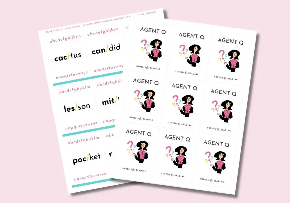 Agent Q downloadable game materials showing printable word cards and Agent Q card backs for decoding and fluency practice.