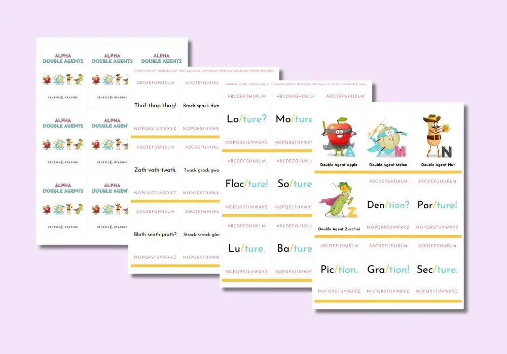 Alpha Double Agents printable game materials showing card backs, character cards, and word cards for spelling and phonics practice.