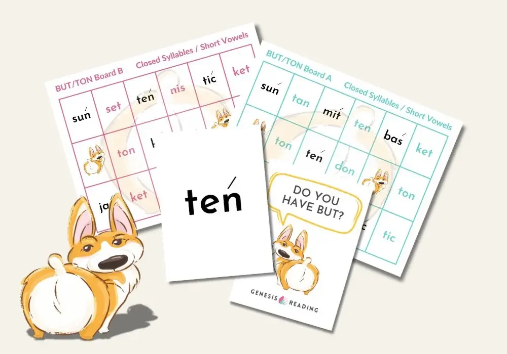 Do You Have Butt printable game materials with bingo-style boards, syllable cards, and Corgi card backs.