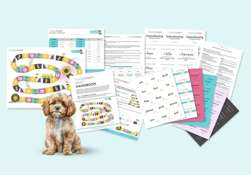 VOWEL POWA(R)™ printable game materials showing boards, handbooks, cards, answer keys, and worksheets for structured literacy practice.